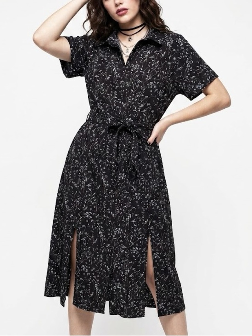 Disturbia Black Floral Midi Shirt Dress